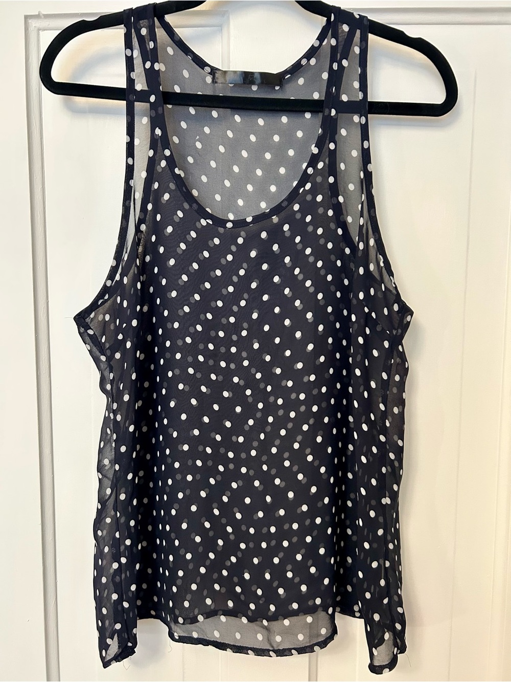 Fabulous Sheer Navy Polka Dot Sleeveless Tank Top, w L